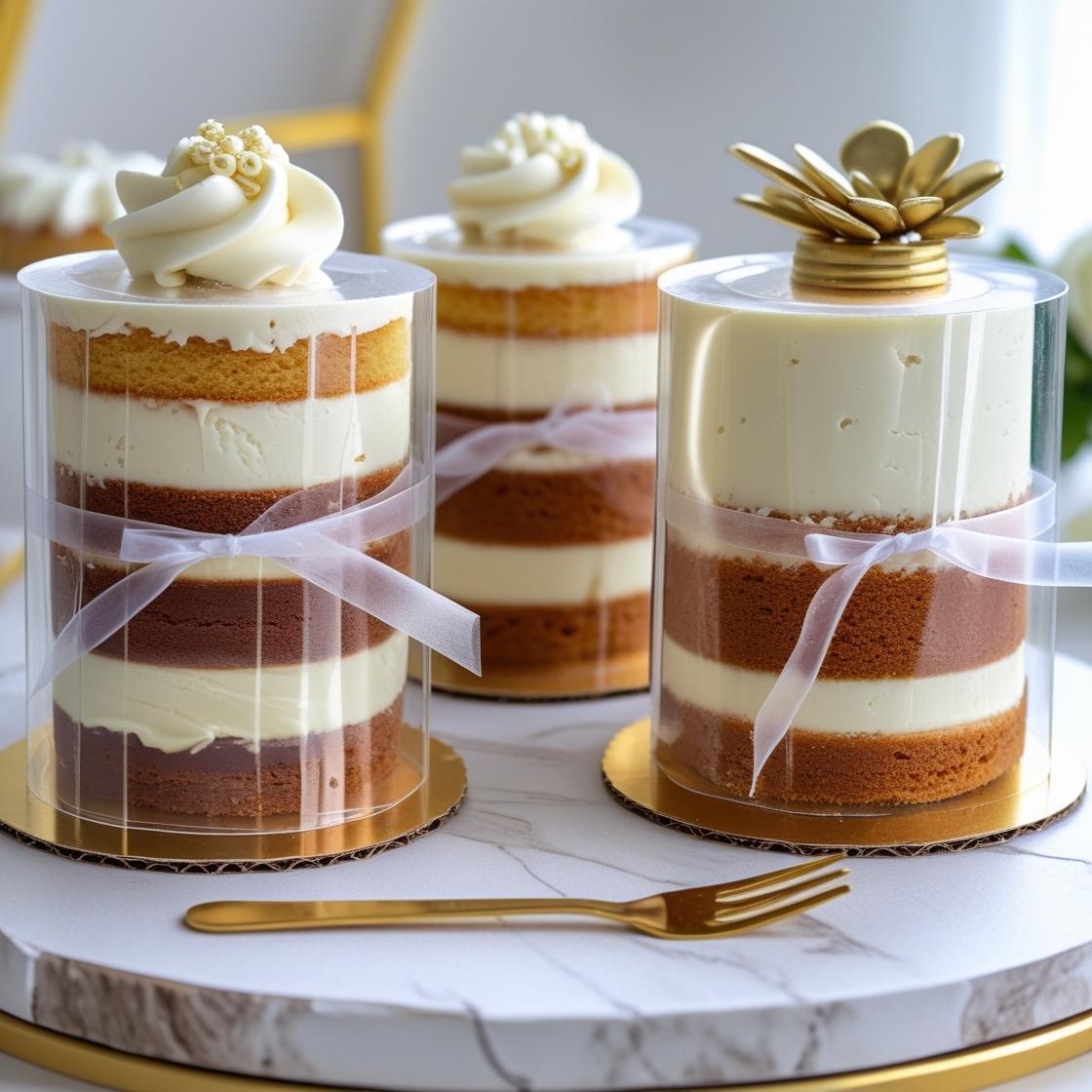Elegant dessert table featuring mini cakes wrapped in clear cake wraps with gold boards and stickers.