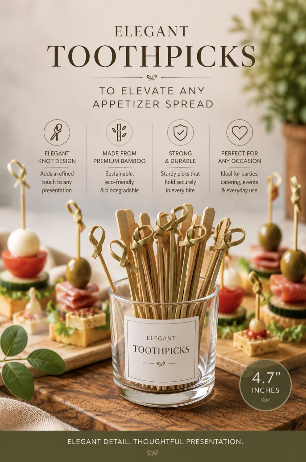 Elegant decorative food picks for wedding receptions, bridal showers, birthdays, cocktail parties, and catered events.