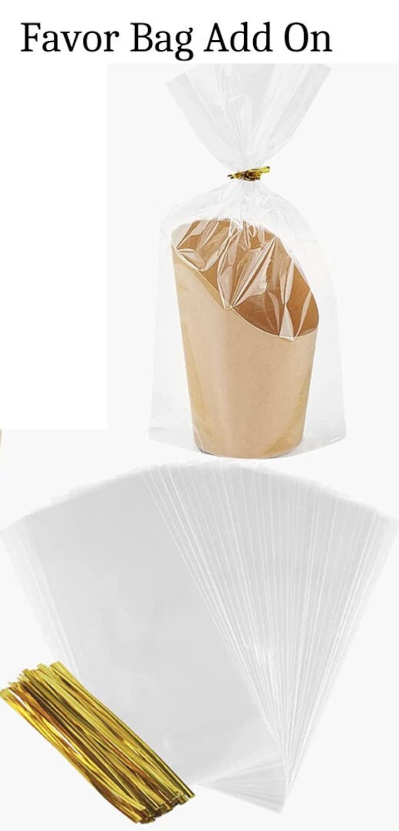Optional clear favor bags with gold twist ties for beige charcuterie cups.