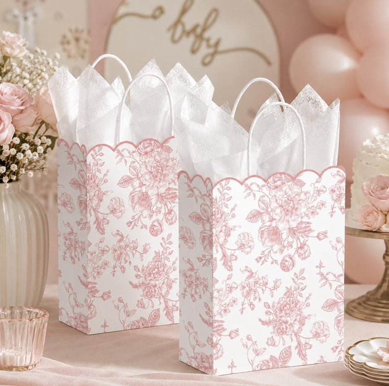 Floral Favor Treat Bags – Set of 12 Elegant Paper Gift Bags for Weddings, Showers & Parties - Pretty Party Boxx