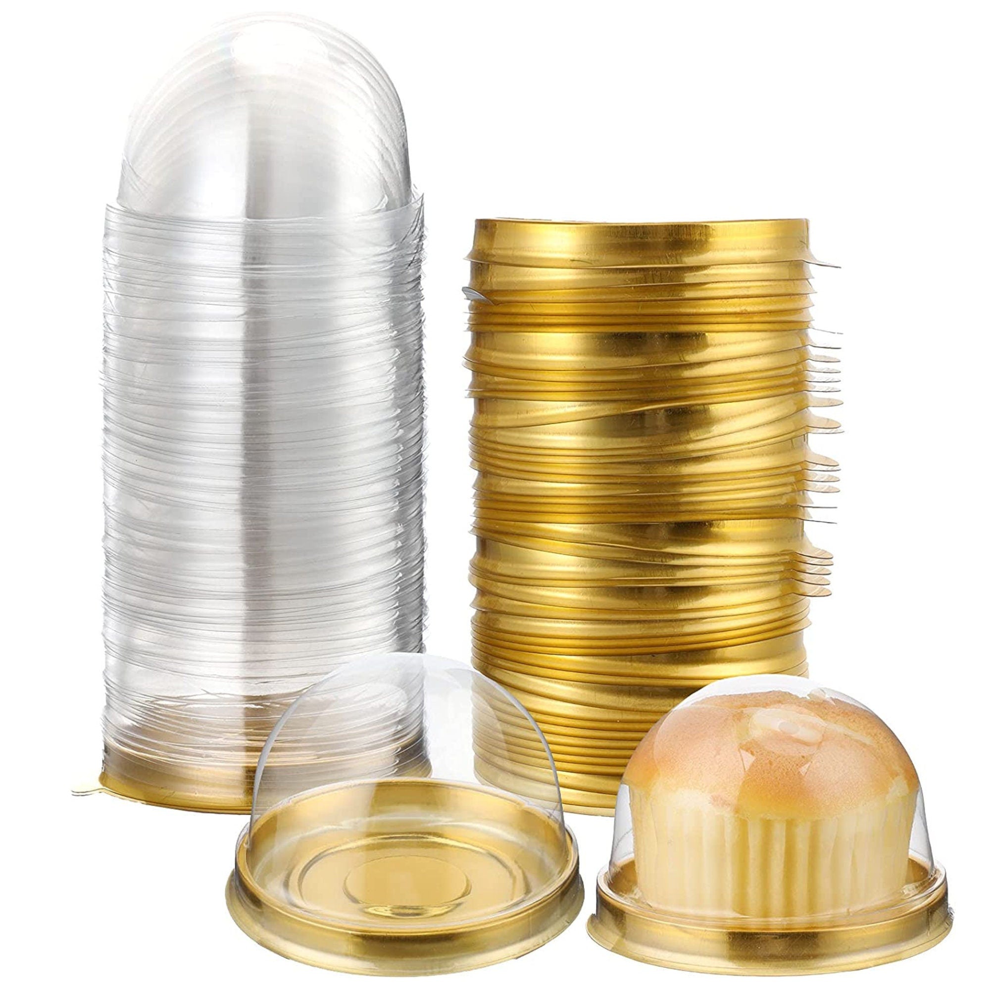 Gold dome favor box stack with a cupcake, ideal for weddings and dessert tables.
