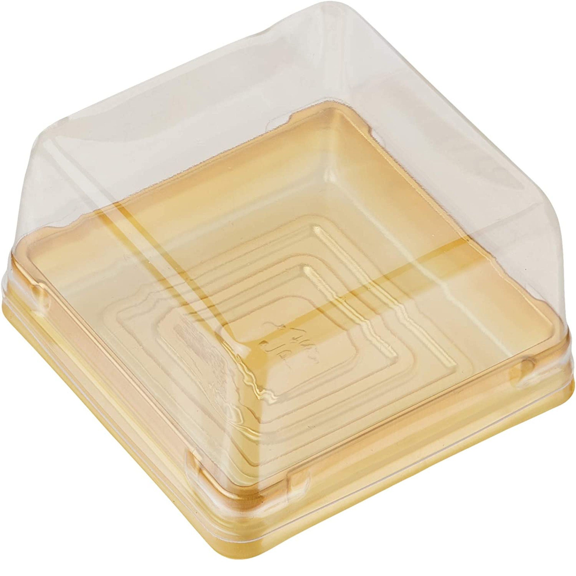 Gold square base macaroon box with a clear lid, ideal for elegant dessert displays.
