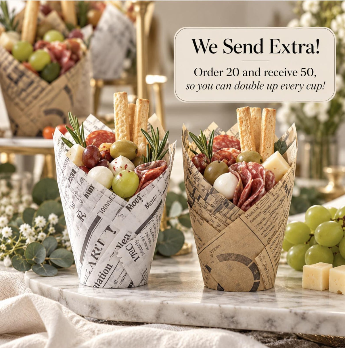 Newspaper Charcuterie Cups with Fancy Toothpicks - Vintage Party Supplies Set of 20 - Pretty Party Boxx