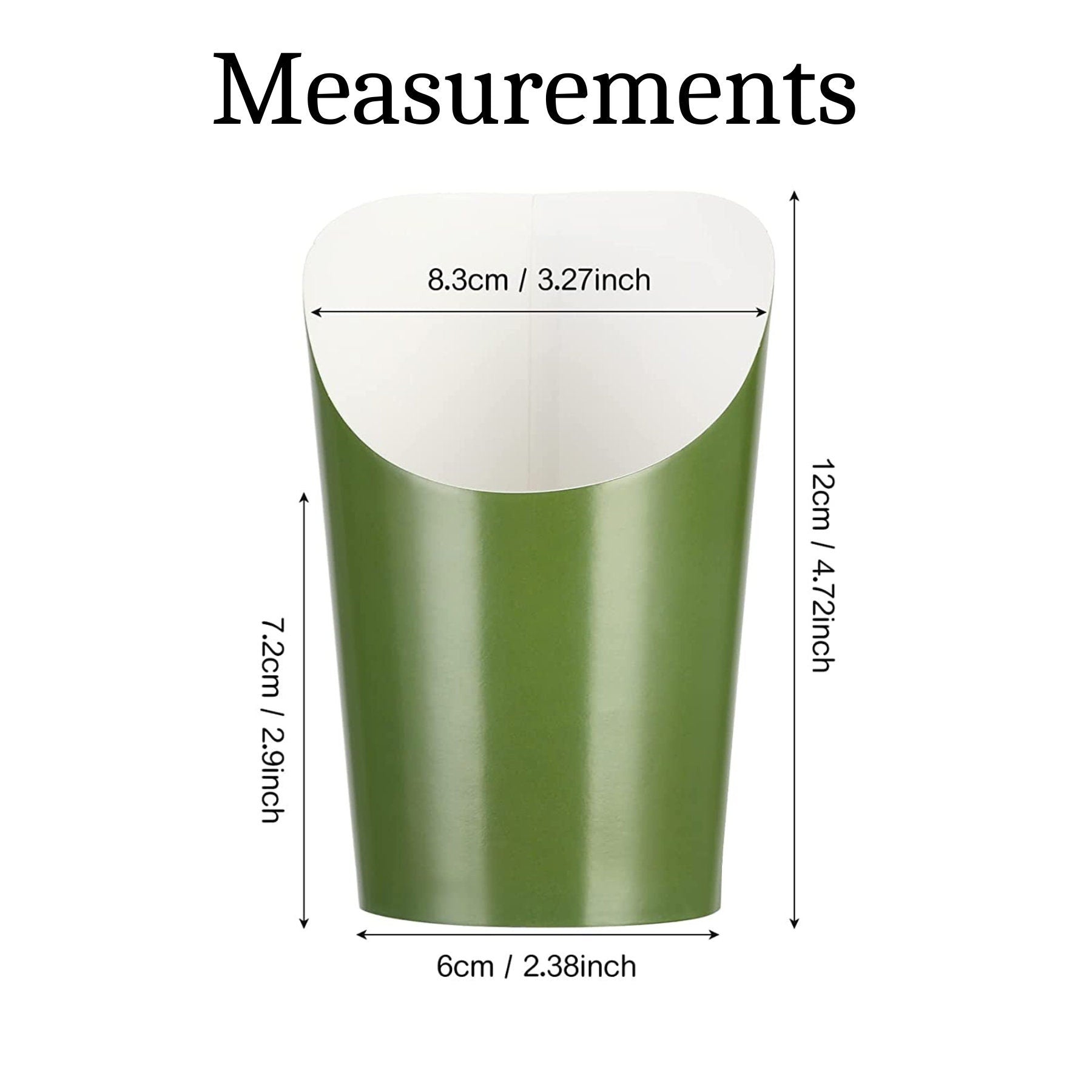 Measurement chart showing 3.27" width and 4.72" height for green charcuterie cups.
