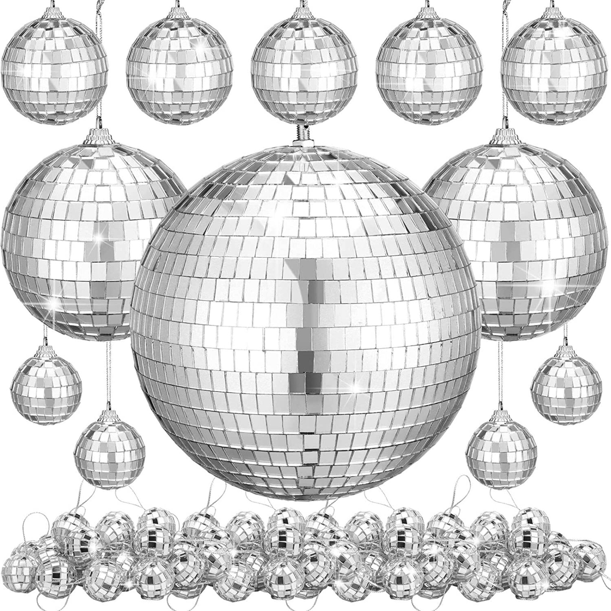 Silver disco ball with reflective tiles and attached string, perfect for a disco theme party.
