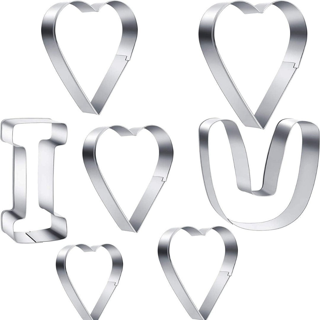 Set of 7 heart-shaped cookie cutters in various sizes.