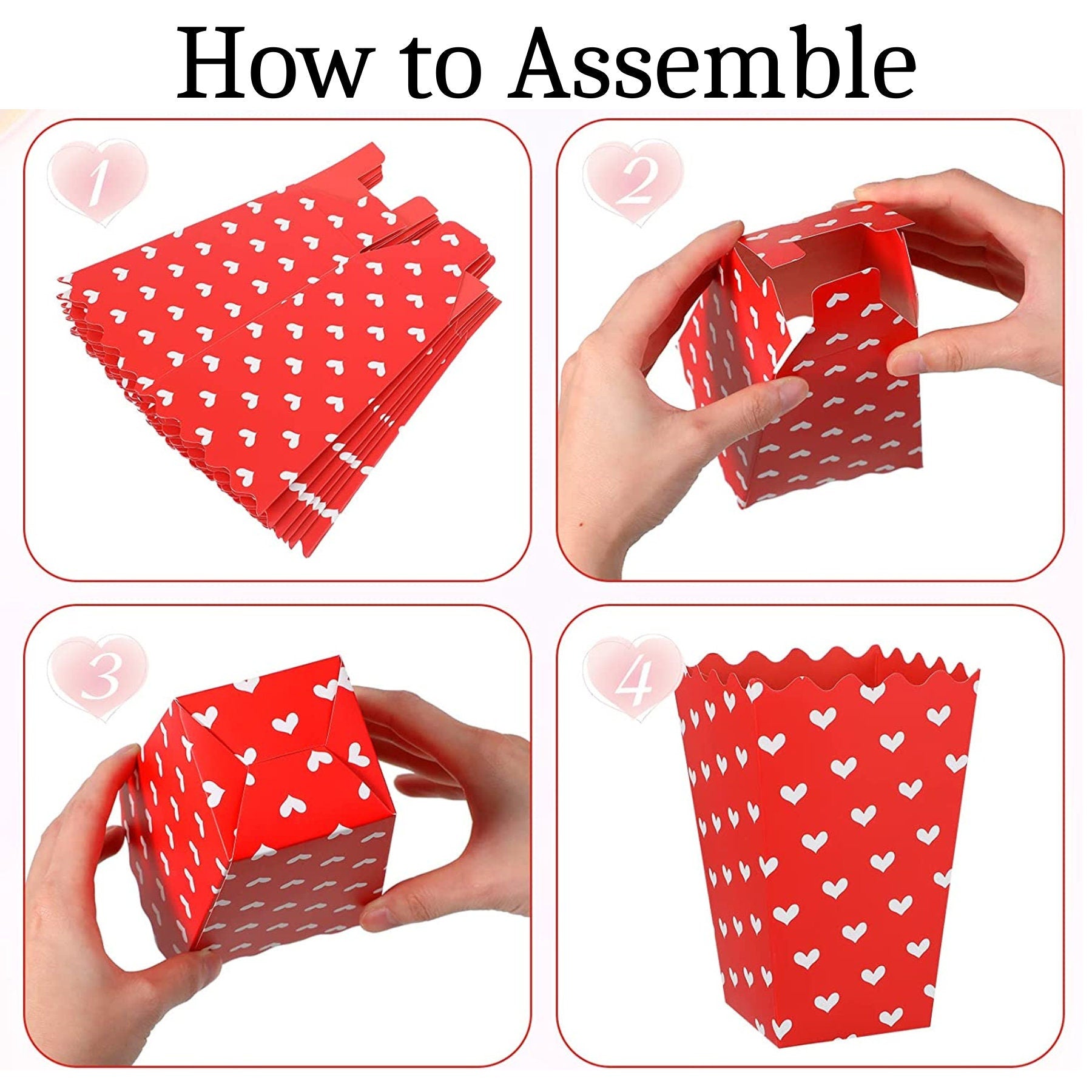 Step-by-step assembly instructions showing how to fold red heart printed popcorn boxes from flat to finished containers.