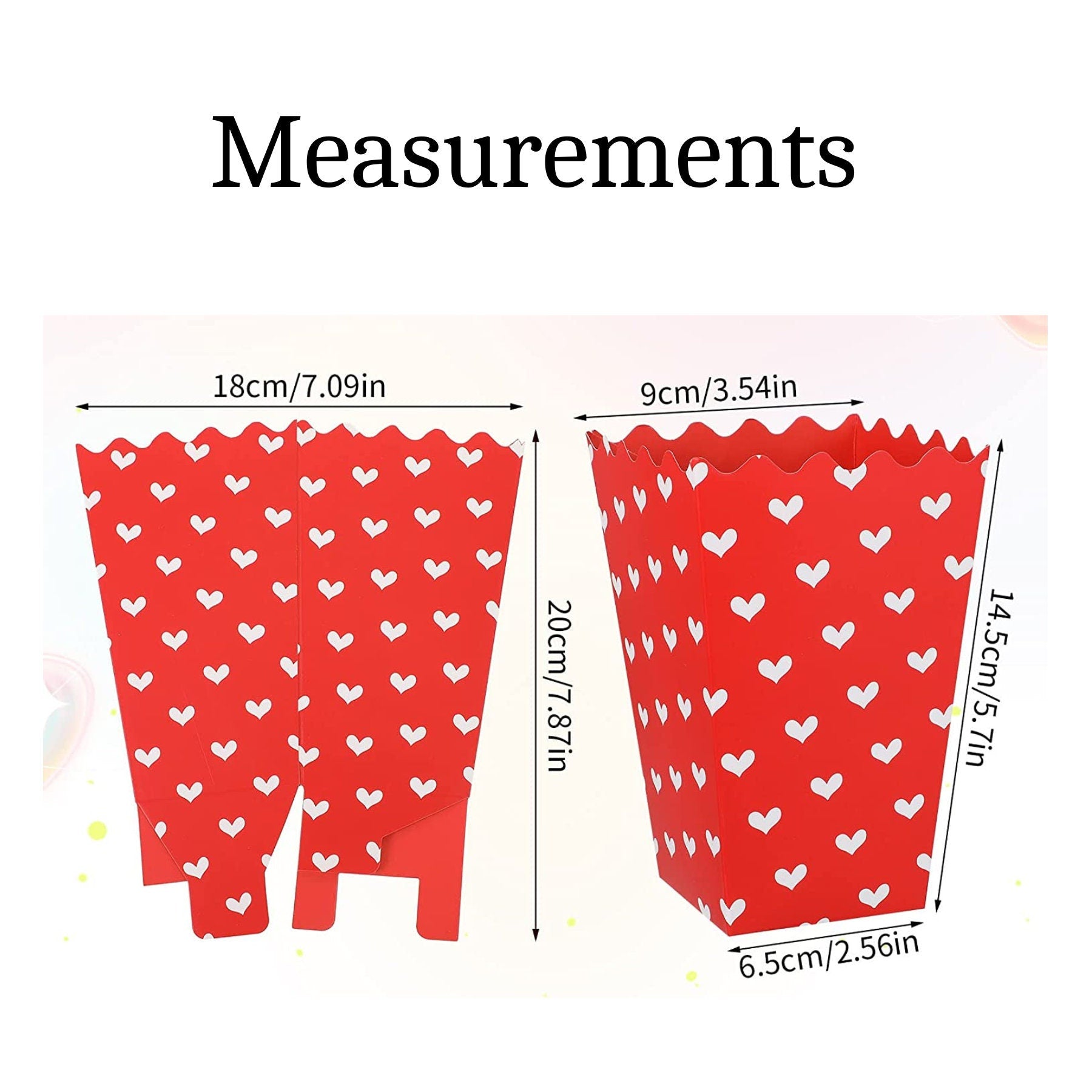 Heart print popcorn box measurement diagram showing 3 x 5 x 2.5 inch dimensions for party planning and sizing reference.