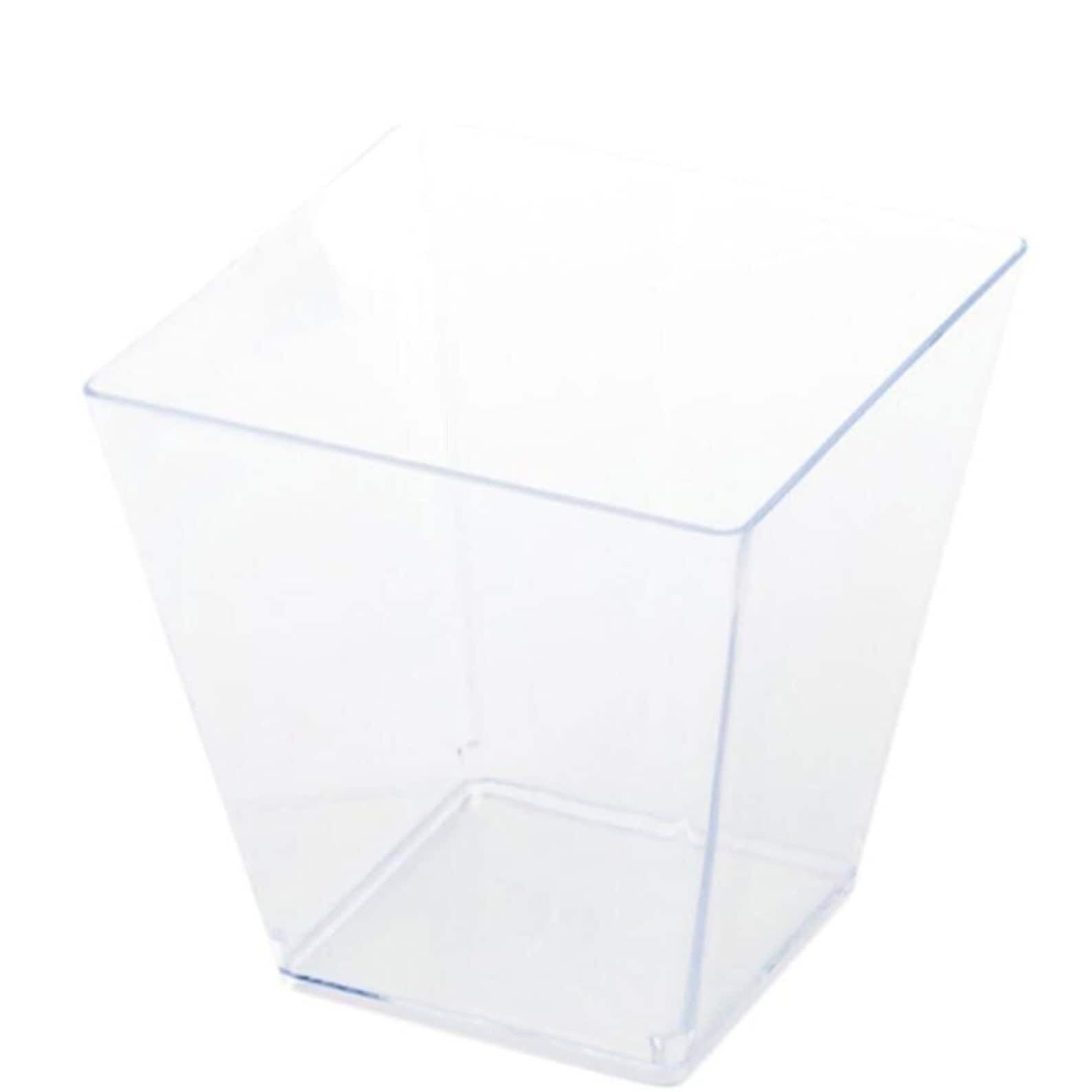 Close-up of transparent 5 oz acrylic charcuterie cups.