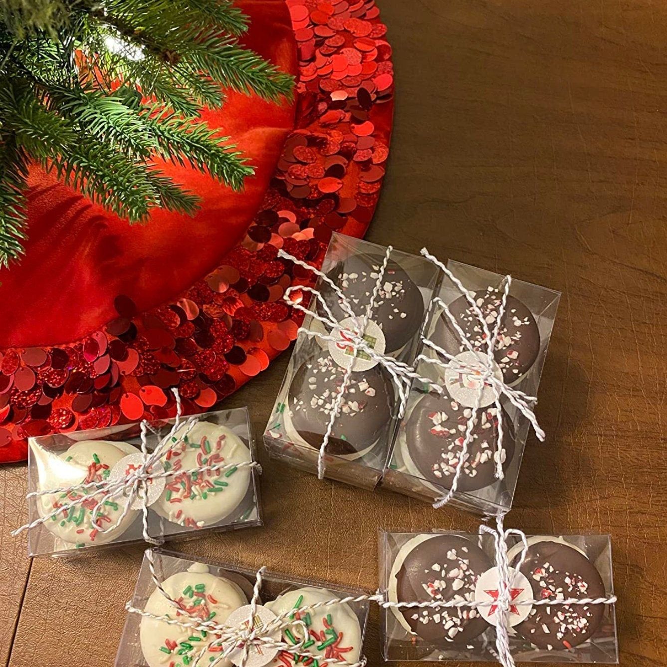 Holiday gift assortment of Oreos packaged in transparent PET favor cubes with twine
