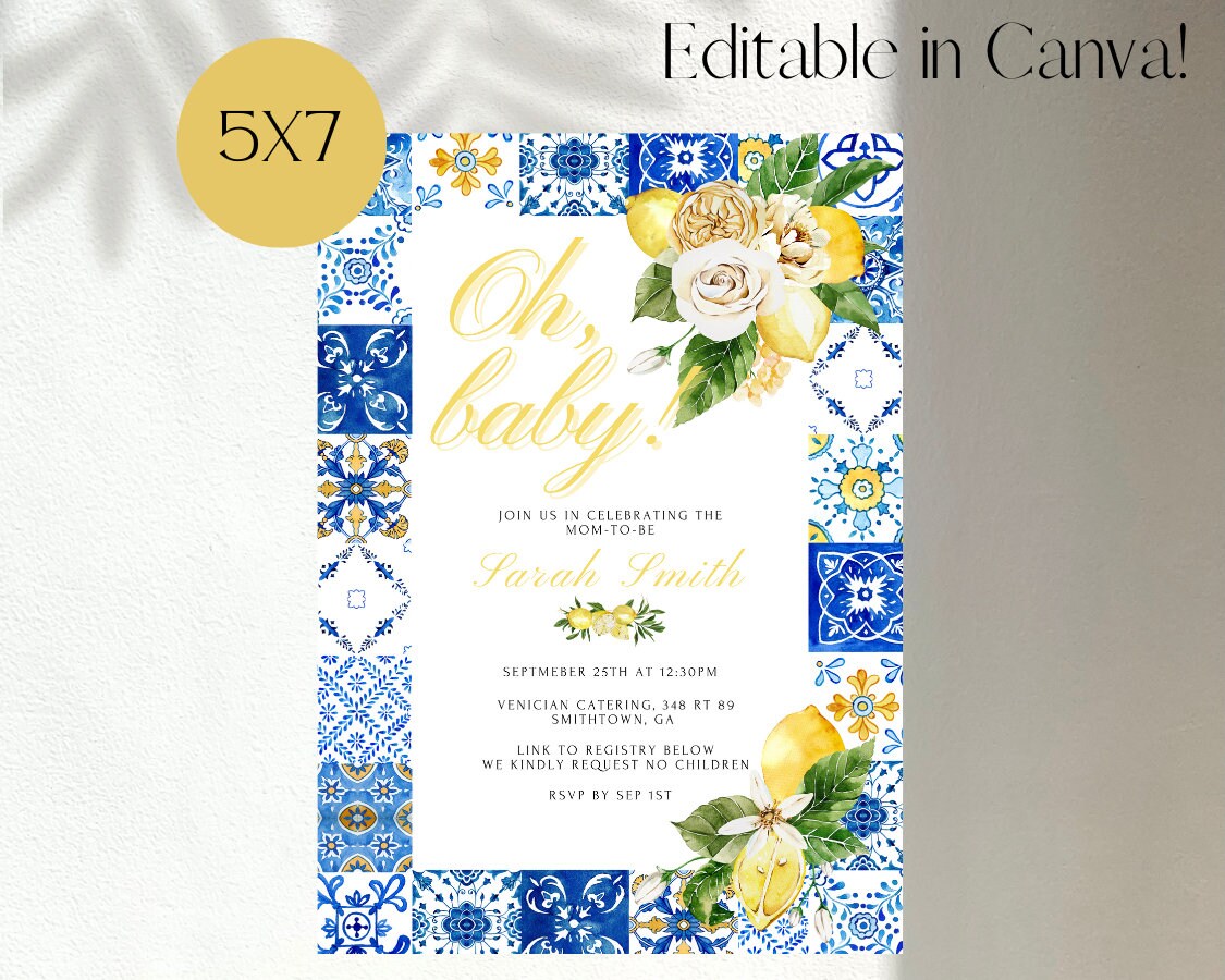 Italian Lemon Baby Shower Invitation – Blue & Yellow Tile Theme, Instant Download Editable Template - Pretty Party Boxx
