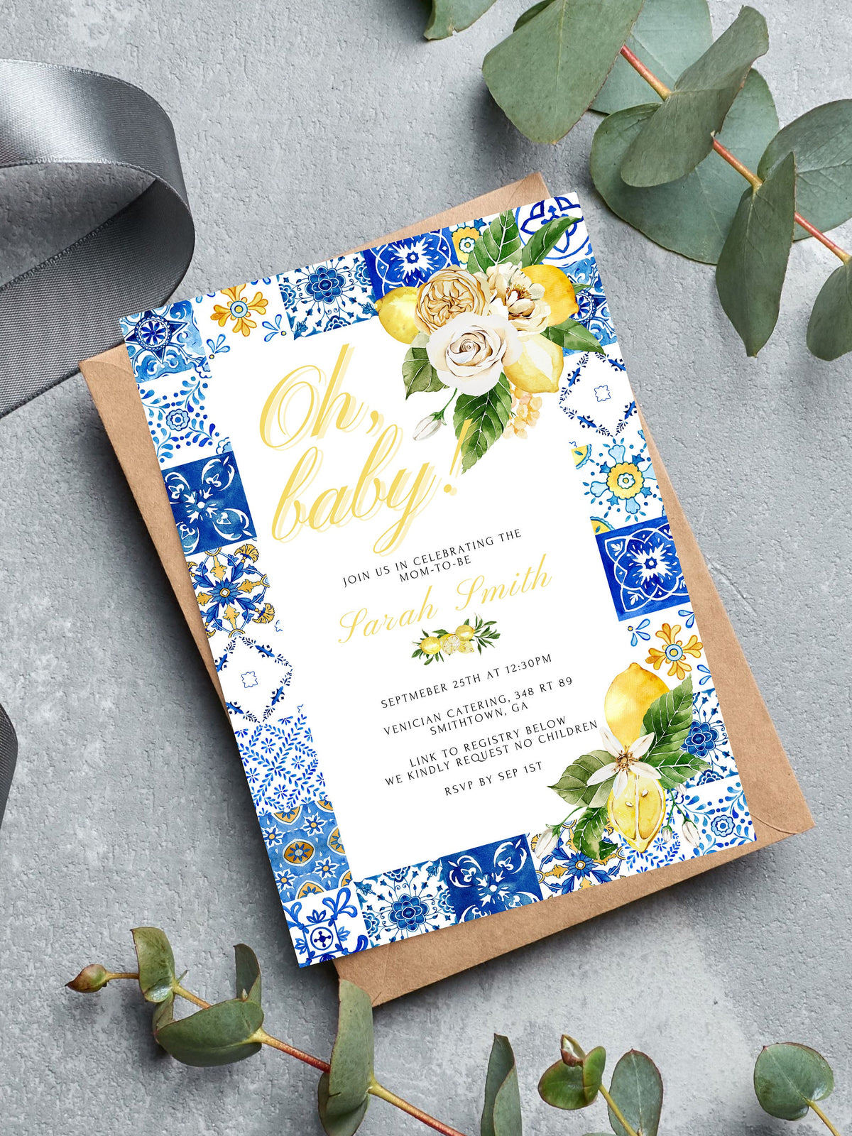 Italian Lemon Baby Shower Invitation – Blue & Yellow Tile Theme, Instant Download Editable Template - Pretty Party Boxx