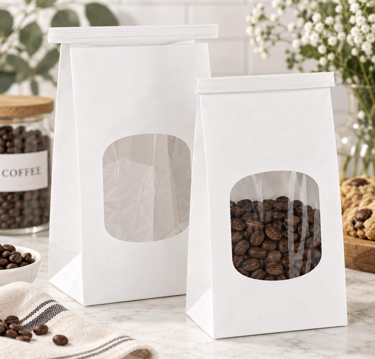 Food-safe kraft bakery bags with clear display window for cookies, donuts, pastries, and favors