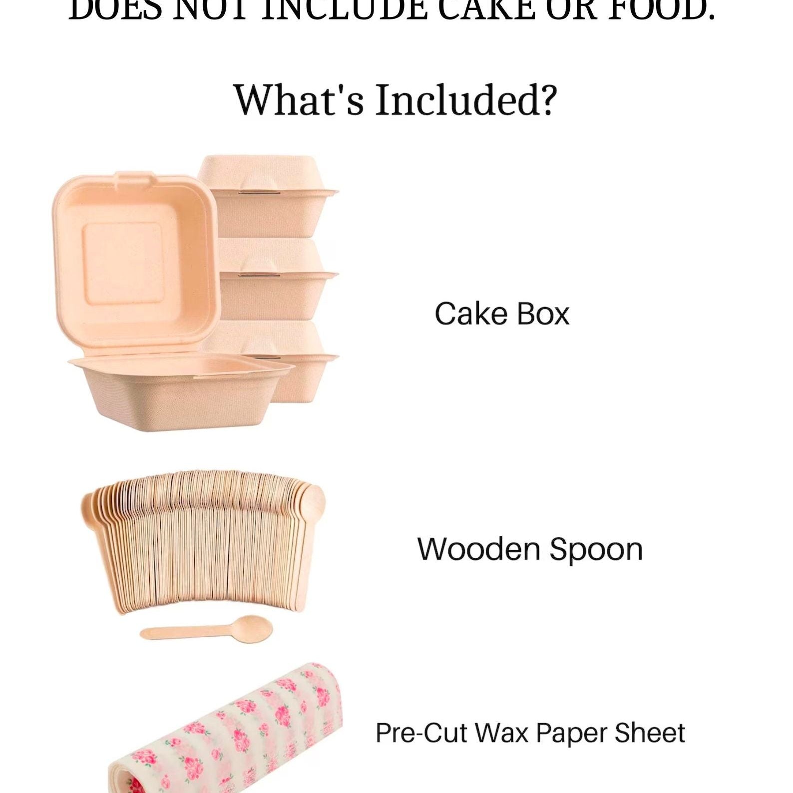 Kraft cake box, disposable wooden spoon, and wax paper sheet shown in a flat lay.