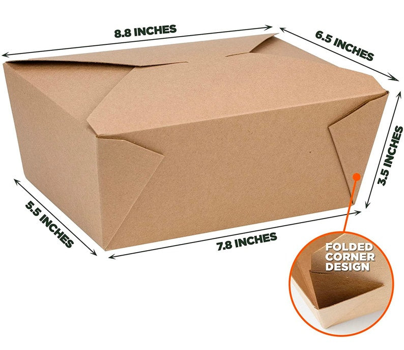 Kraft paper lunch box with measurement diagram showing 110 oz capacity for charcuterie and dessert portions.