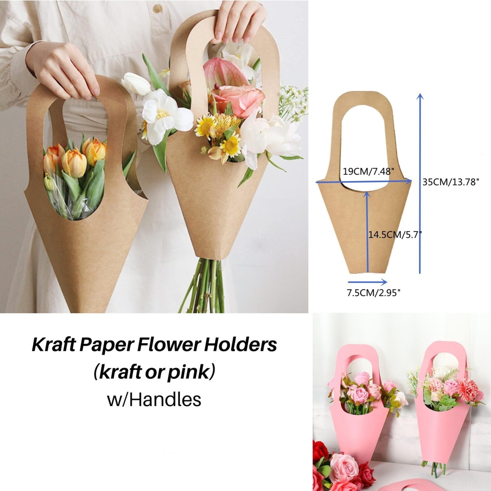 Size of kraft or pink flower bags for bouquet bar bridal shower setups.