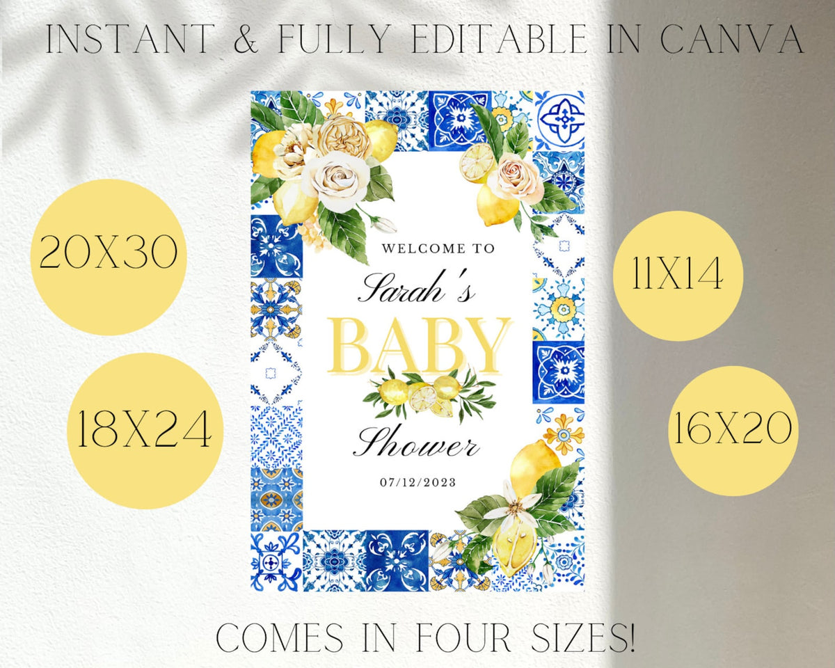 Lemon and White Rose themed "Welcome to Sarah's Baby Shower" sign with blue Italian tile design border.