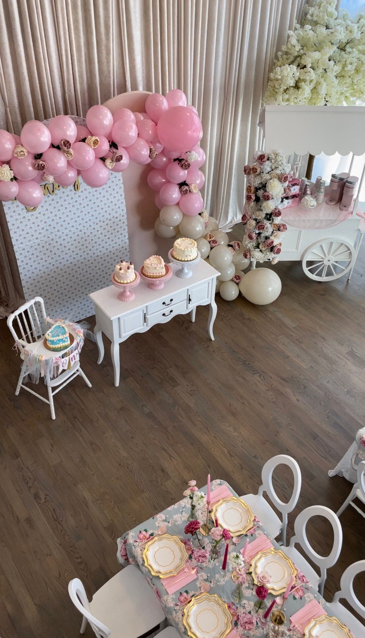 Love Shack Fancy Party Dessert Table and Balloon Backdrop Setup