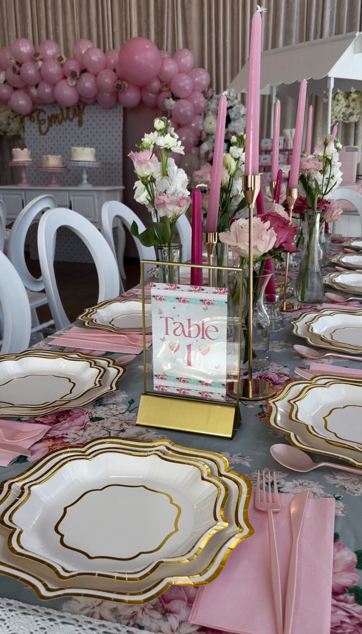 Love Shack Fancy Party Table Setting – Pink and Gold Plates and Floral Centerpieces