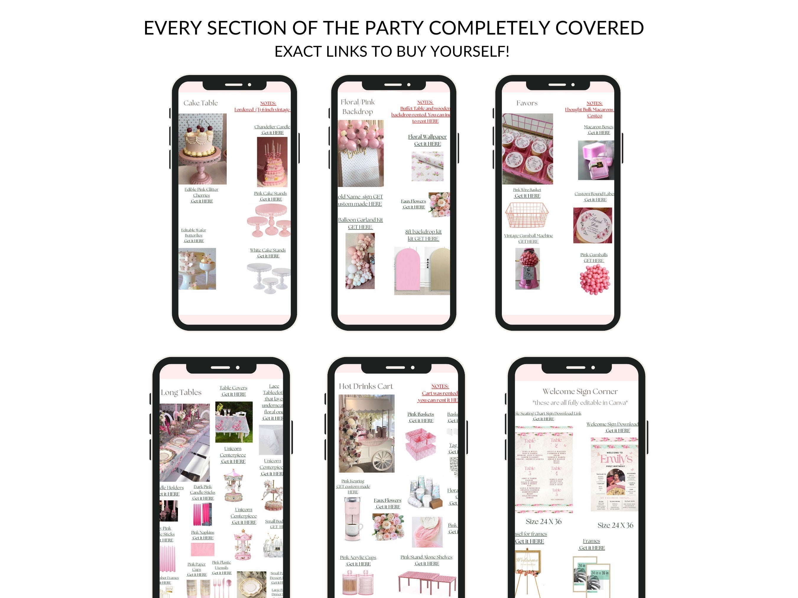 Love Shack Fancy Party DIY Guide Sections with Editable Templates on Mobile Screens