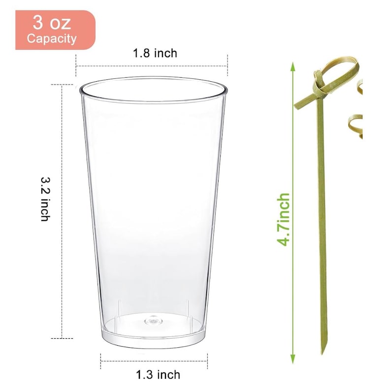 3 oz. mini acrylic soup cup alongside a gold toothpick, clearly displaying their height and dimensions for precise size reference.