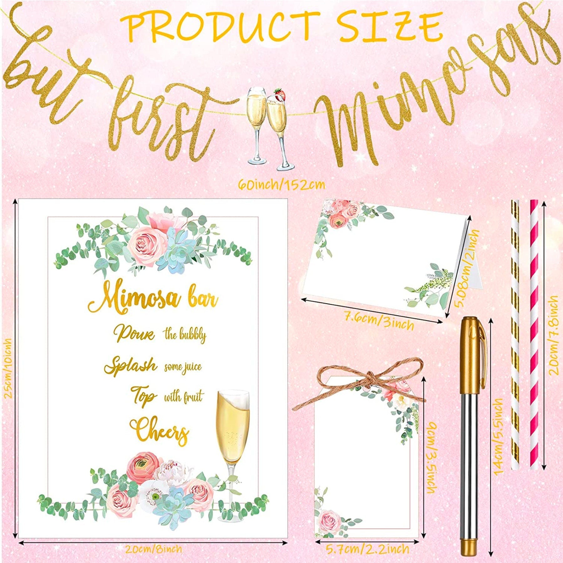 Product size guide showing mimosa bar sign, banner, juice tags, and accessories