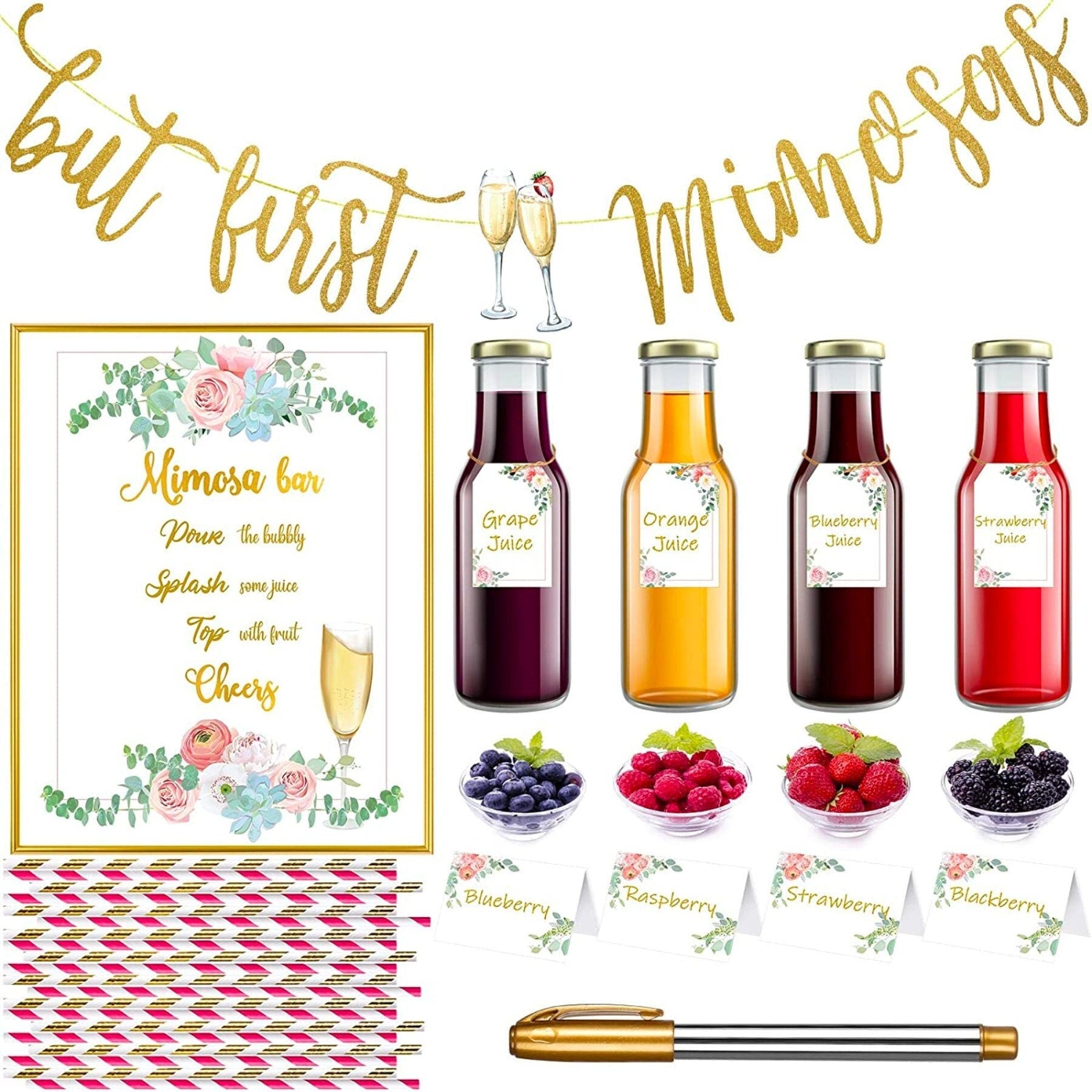 Complete mimosa bar décor kit with banner, sign, juice labels, straws, and table cards