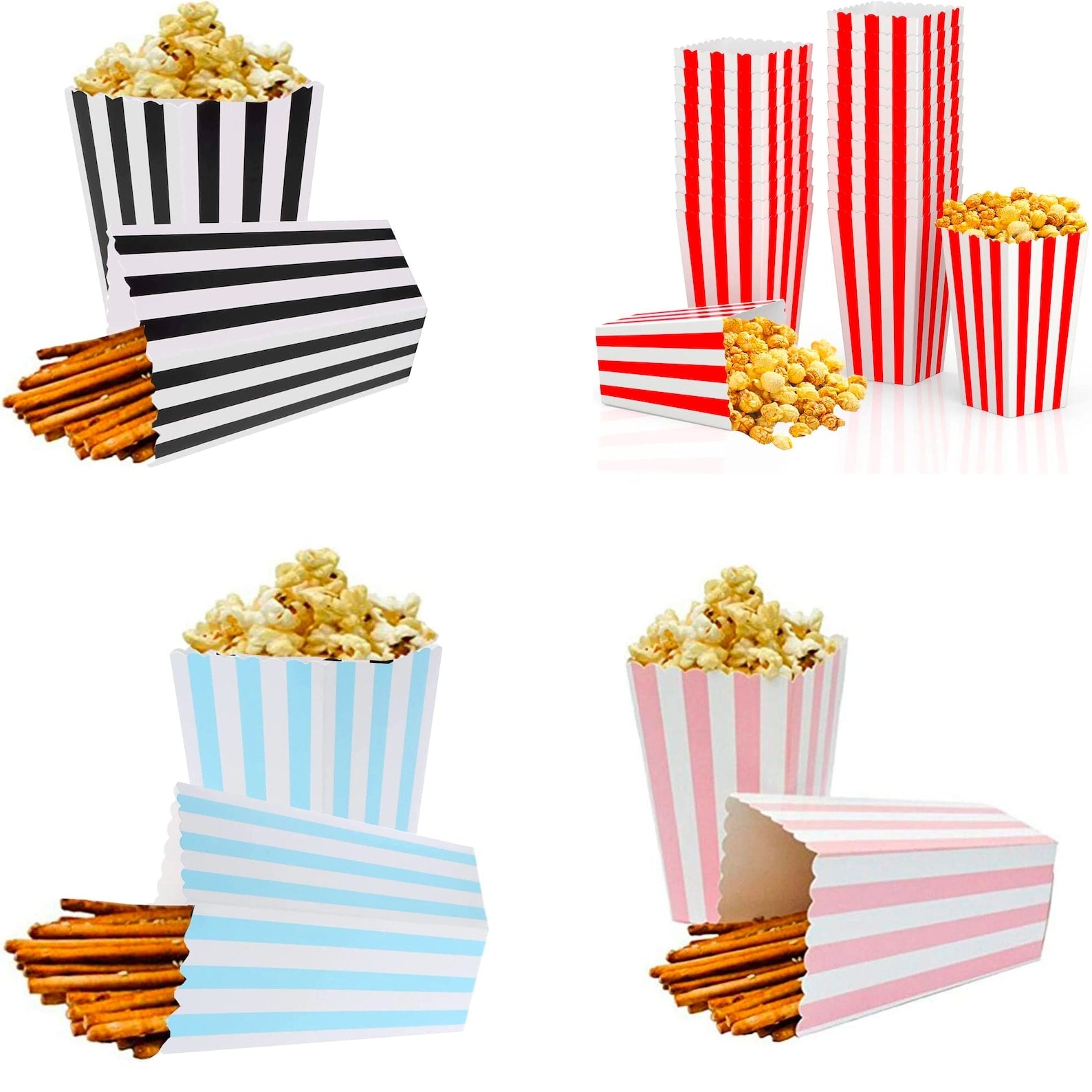 Mini popcorn boxes with a white-striped design arranged for a movie night setup.