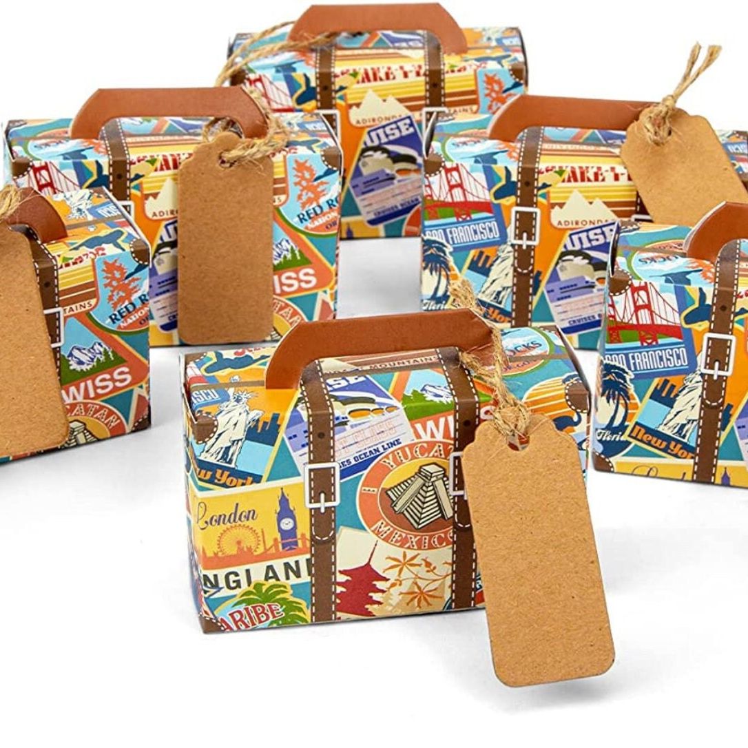 Big cities mini suitcase party favor box with tag and twine, folded size 3x2x1.2 inches