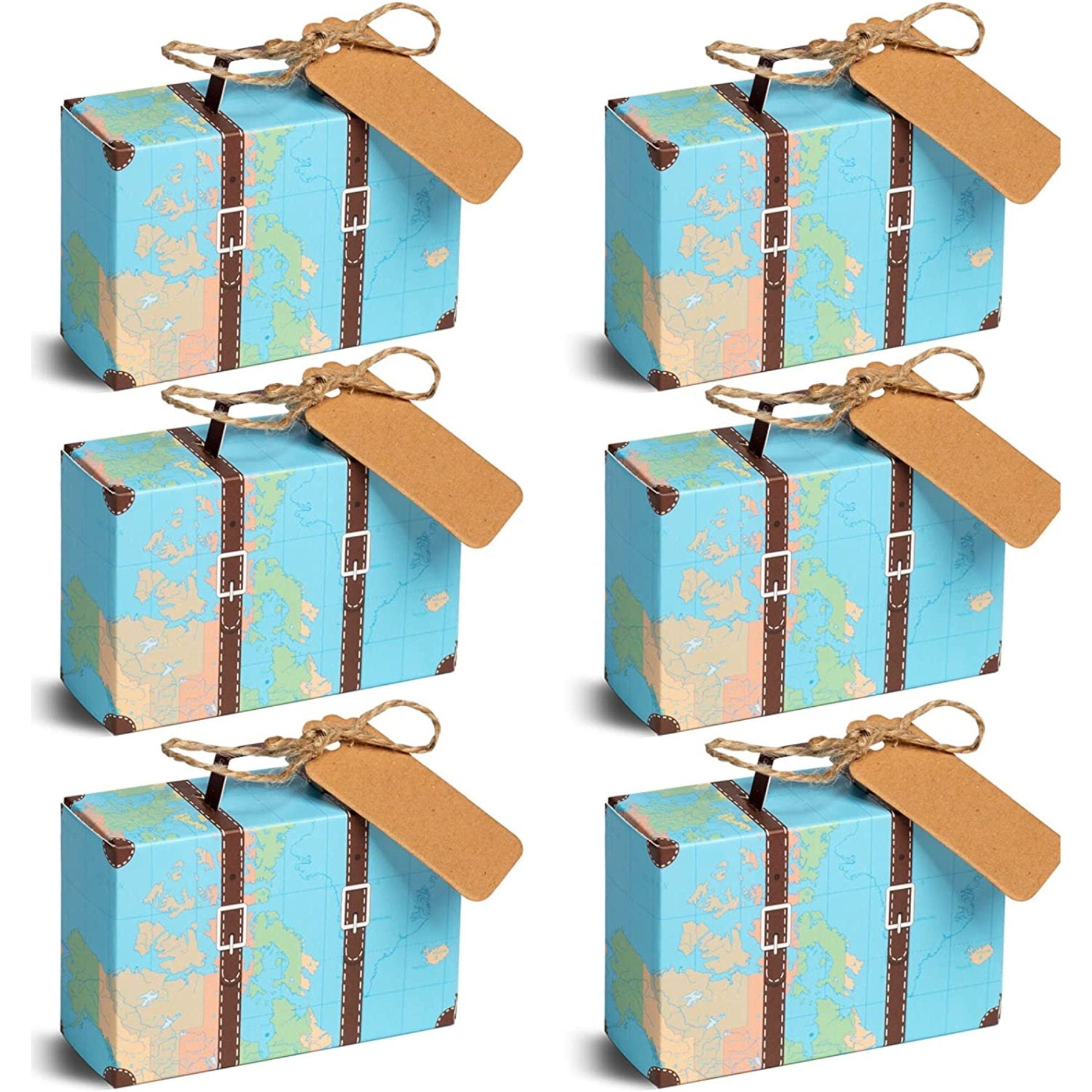 Blue world mini suitcase party favor box with twine and tag, folded size 3x2x1.2 inches