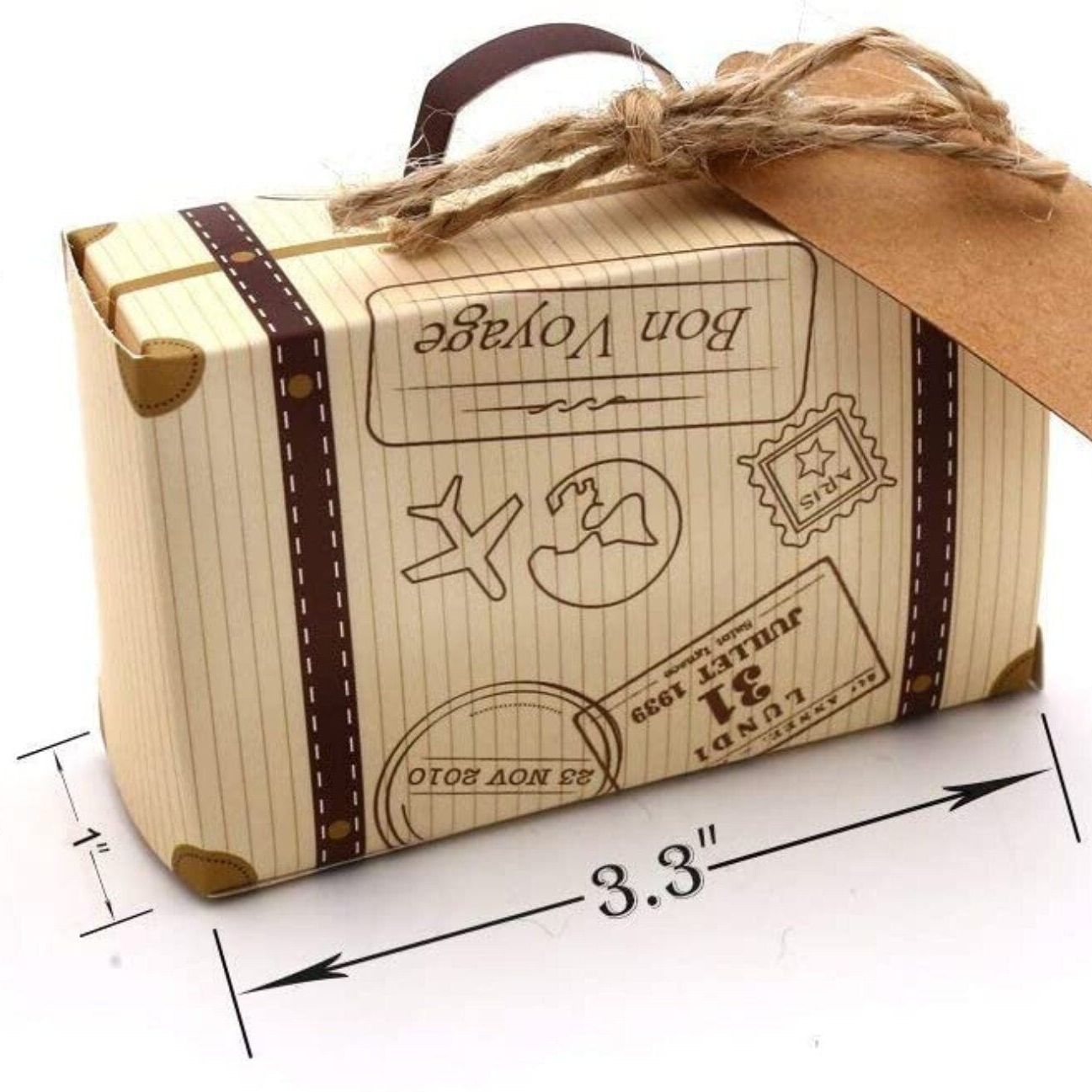 Stamps design mini suitcase party favor box with tag and twine, folded size 3x2x1.2 inches