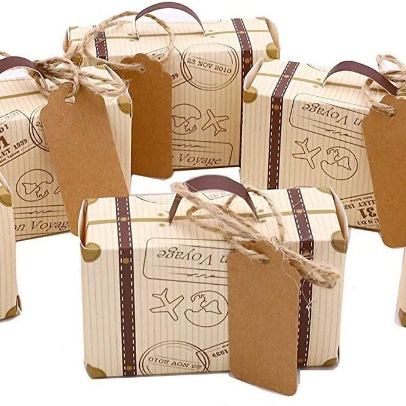 Vintage mini suitcase party favor box with tag, folded size 3x2x1.2 inches