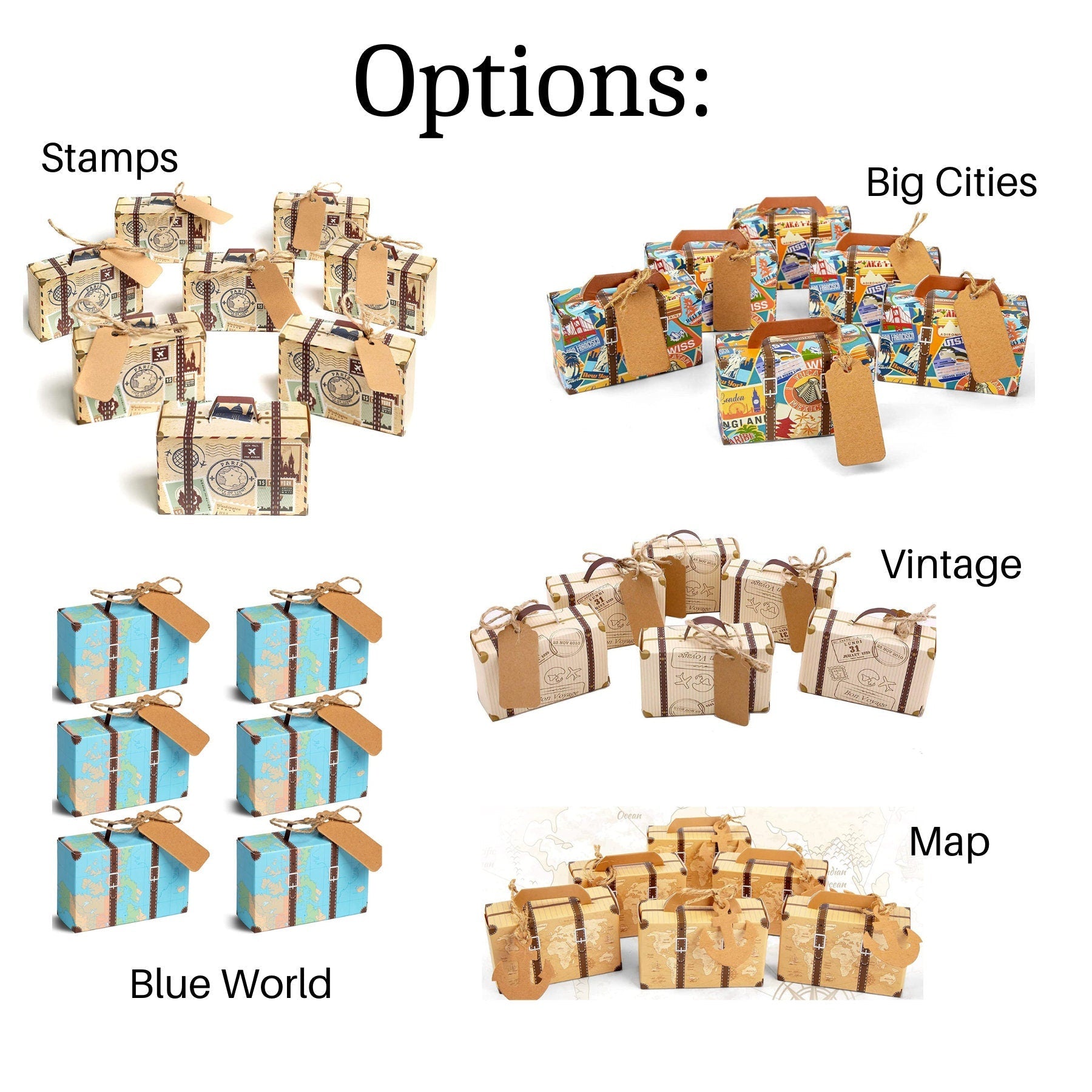 Mini suitcase party favor box with vintage map design, folded size 3x2x1.2 inches