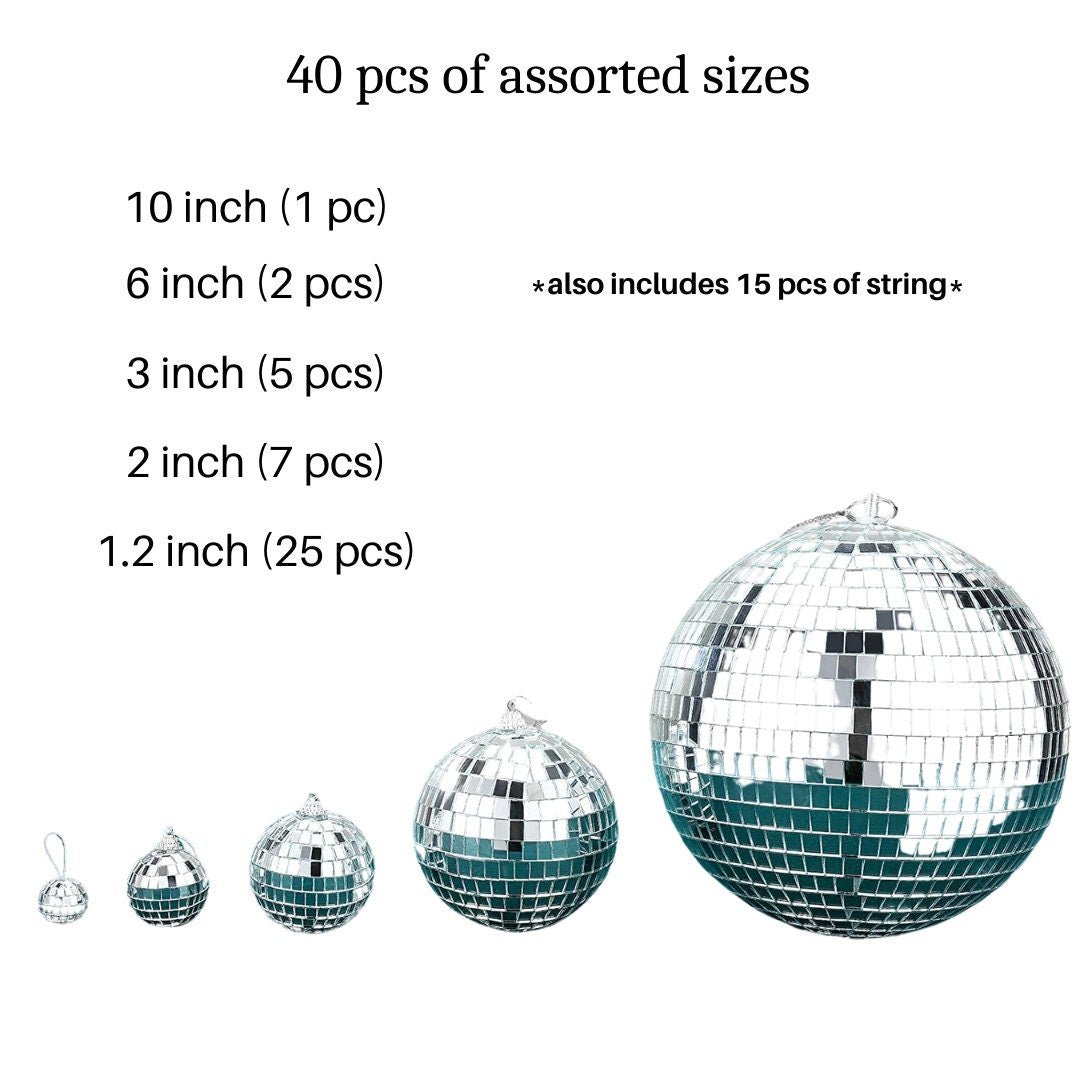 10 - Inch Silver Disco Ball Set – 40 Reflective Mirror Balls - Pretty Party Boxx
