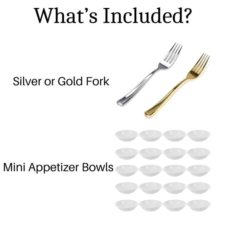 Mini plastic bowls paired with elegant gold and silver mini forks, showcasing the stylish and functional design of this complete set for events.