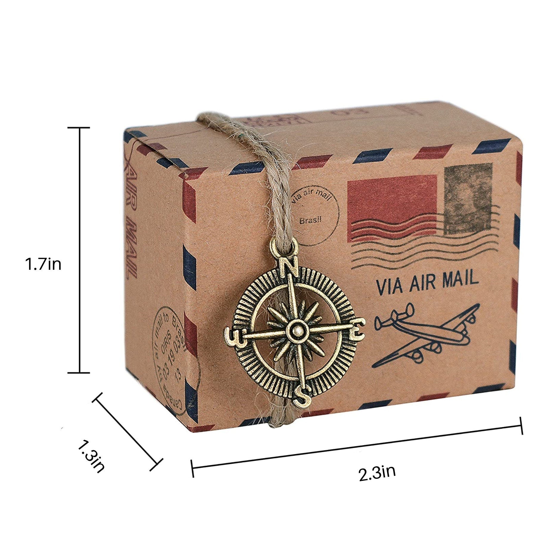 Size dimensions of mini suitcase favor box, 2.4 x 1.8 x 1.4 inches.