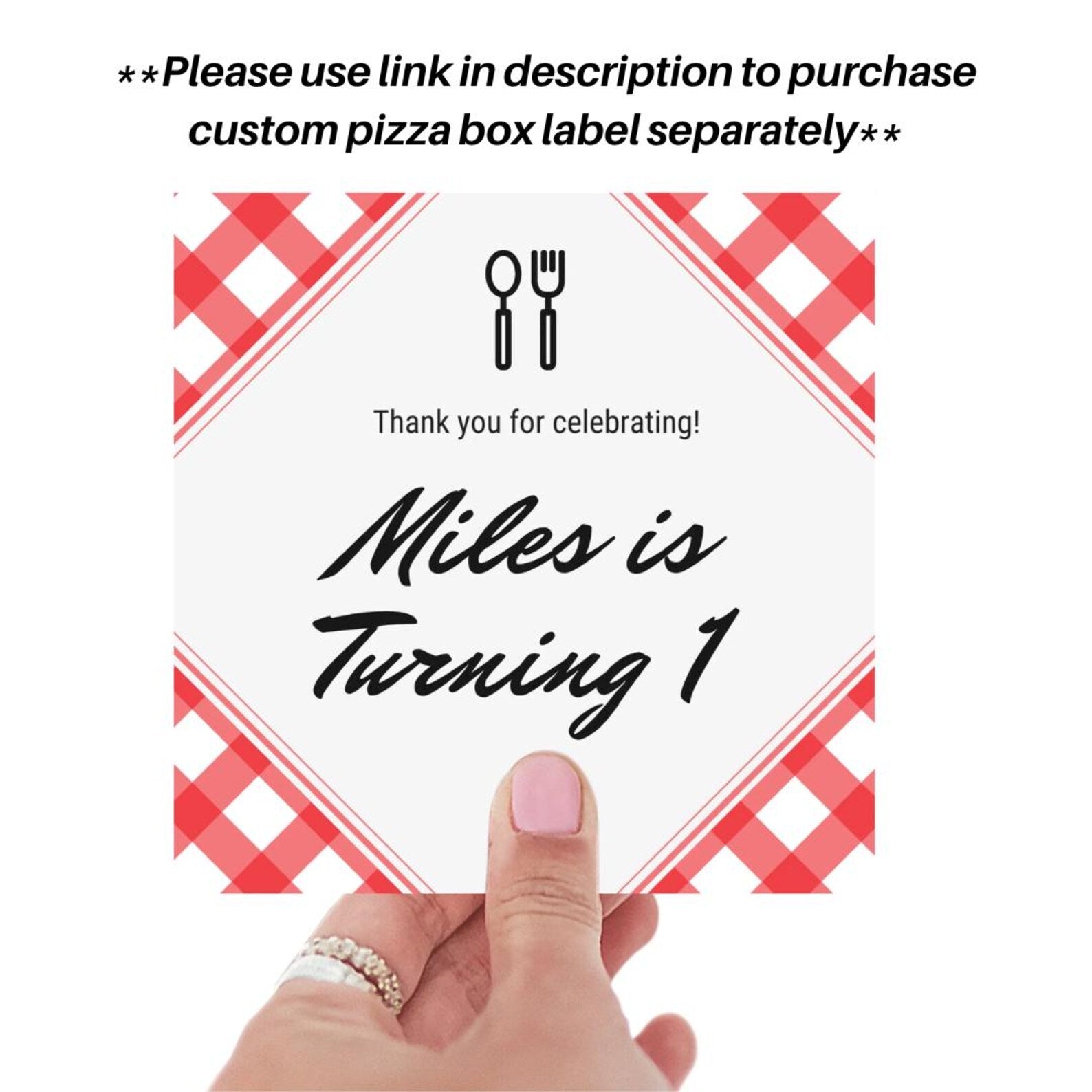 Custom-labeled small pizza boxes displayed as wedding party favors.
