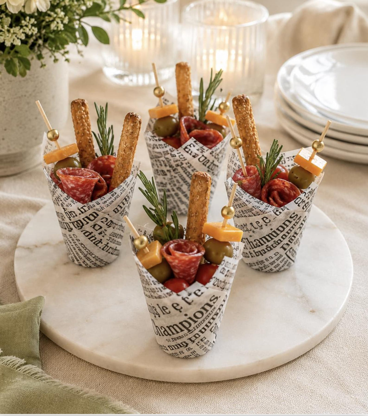 Newspaper Charcuterie Cups with Fancy Toothpicks - Vintage Party Supplies Set of 20 - Pretty Party Boxx