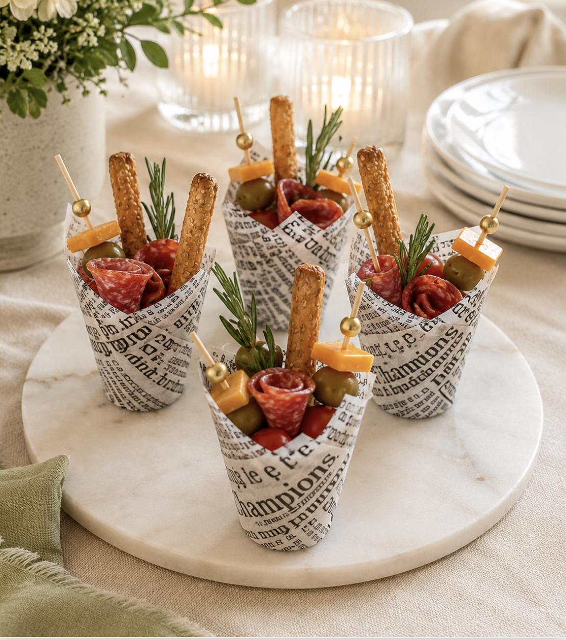 Newspaper Charcuterie Cups with Fancy Toothpicks - Vintage Party Supplies Set of 20 - Pretty Party Boxx
