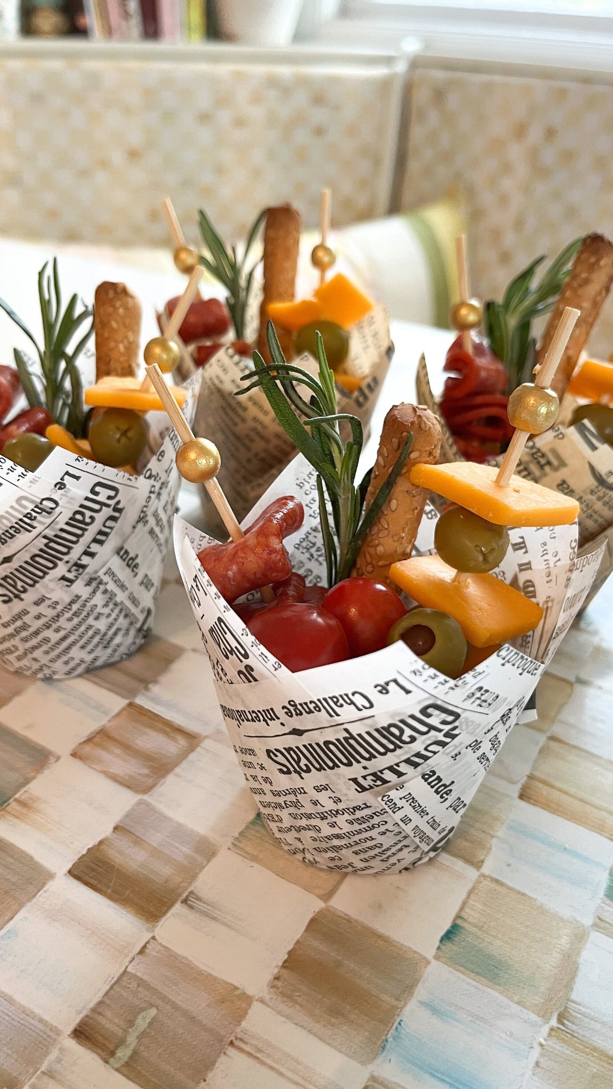 Newspaper Charcuterie Cups with Fancy Toothpicks - Vintage Party Supplies Set of 20 - Pretty Party Boxx
