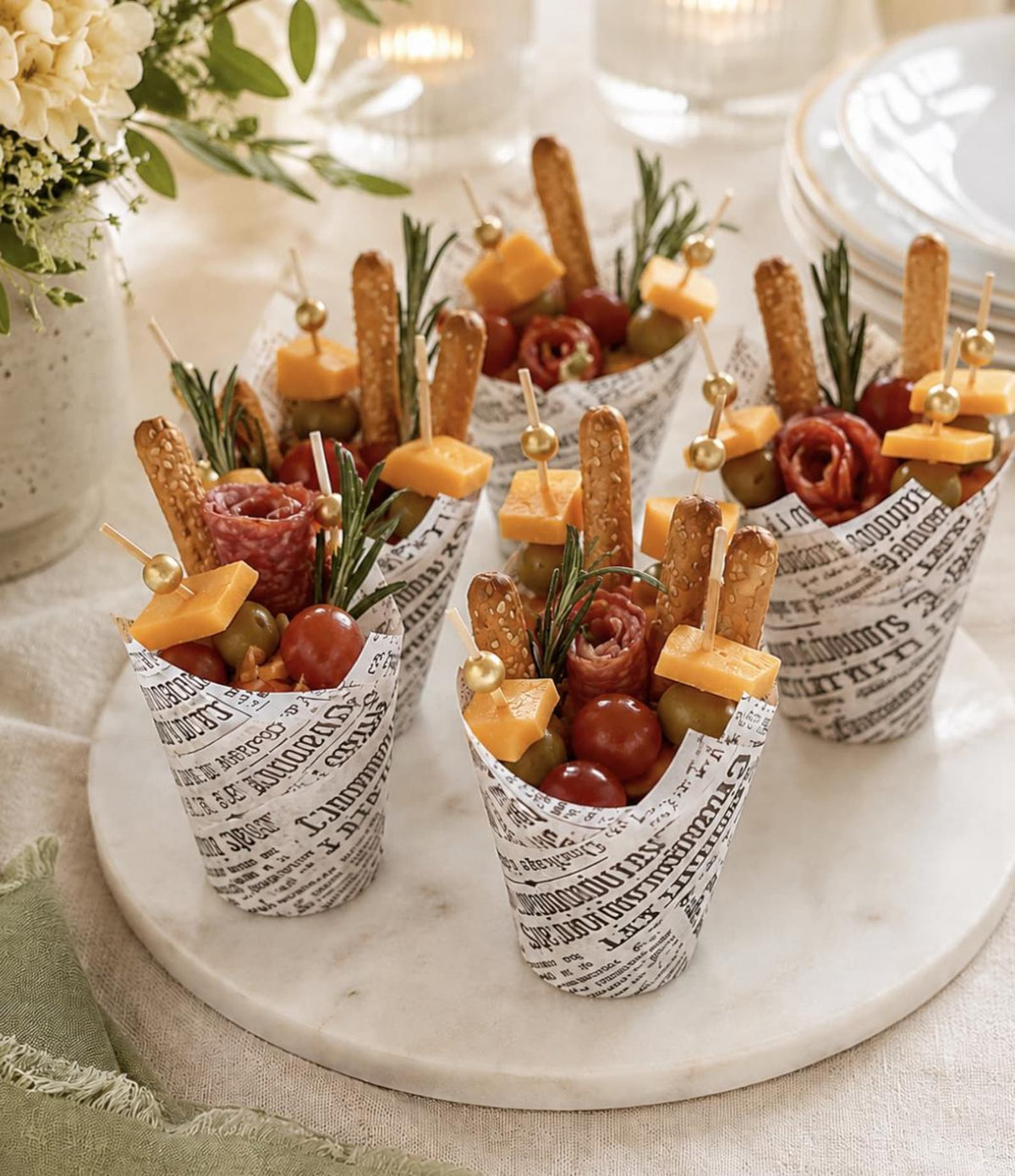 Newspaper Charcuterie Cups with Fancy Toothpicks - Vintage Party Supplies Set of 20 - Pretty Party Boxx