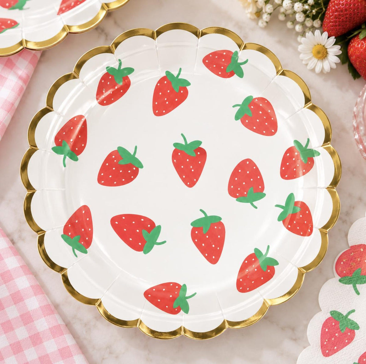 Pastel strawberry party dinnerware set for children’s birthdays, dessert tables, and summer parties