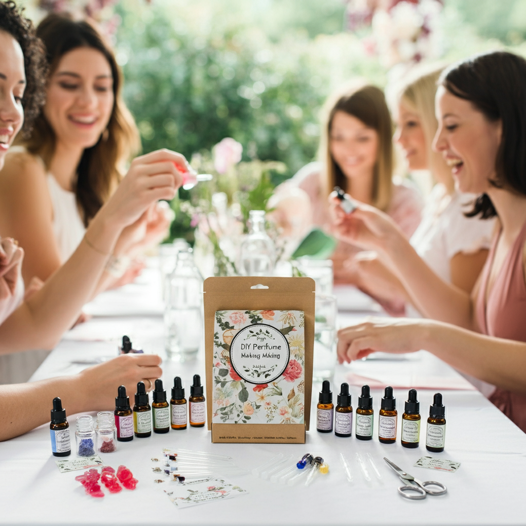 Women joyfully creating fragrances with a Create Your Own Fragrance Kit at a luxurious bridal shower setting.
