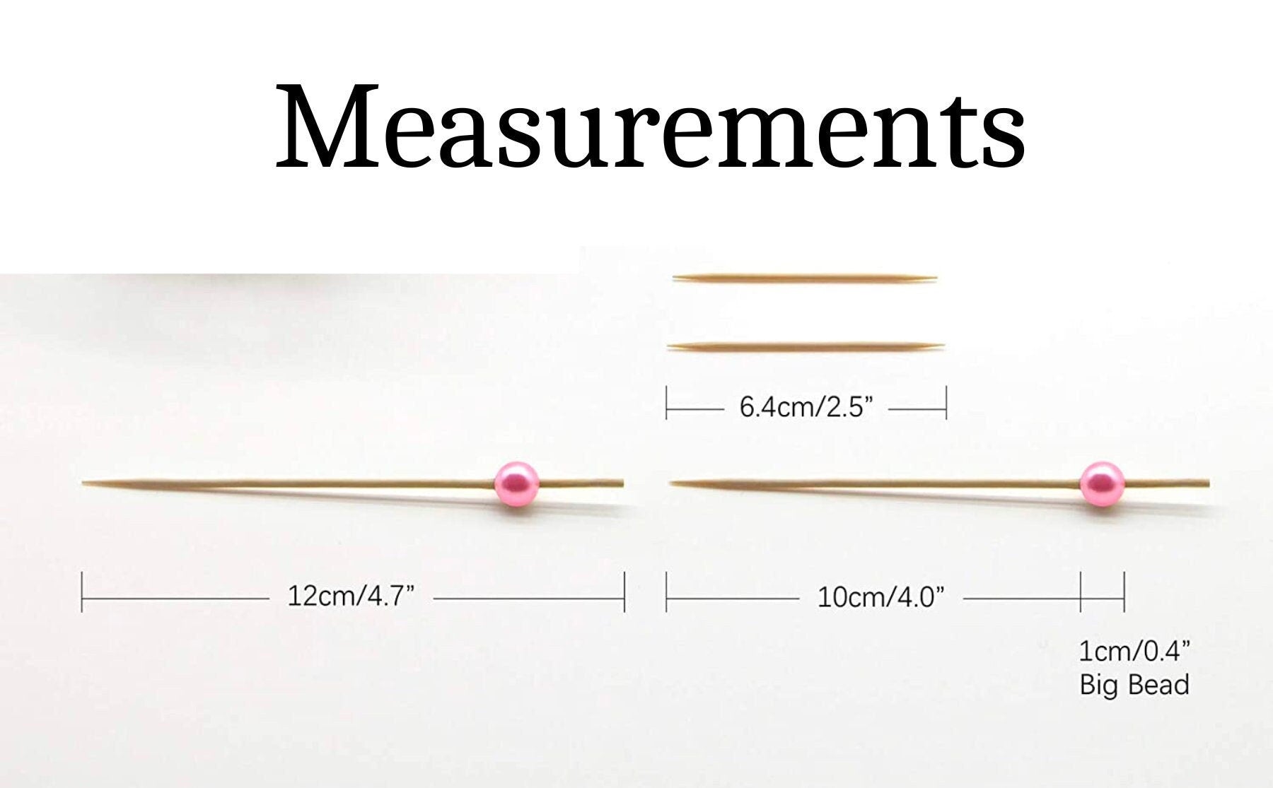 Pink charcuterie appetizer toothpicks with size measurement chart