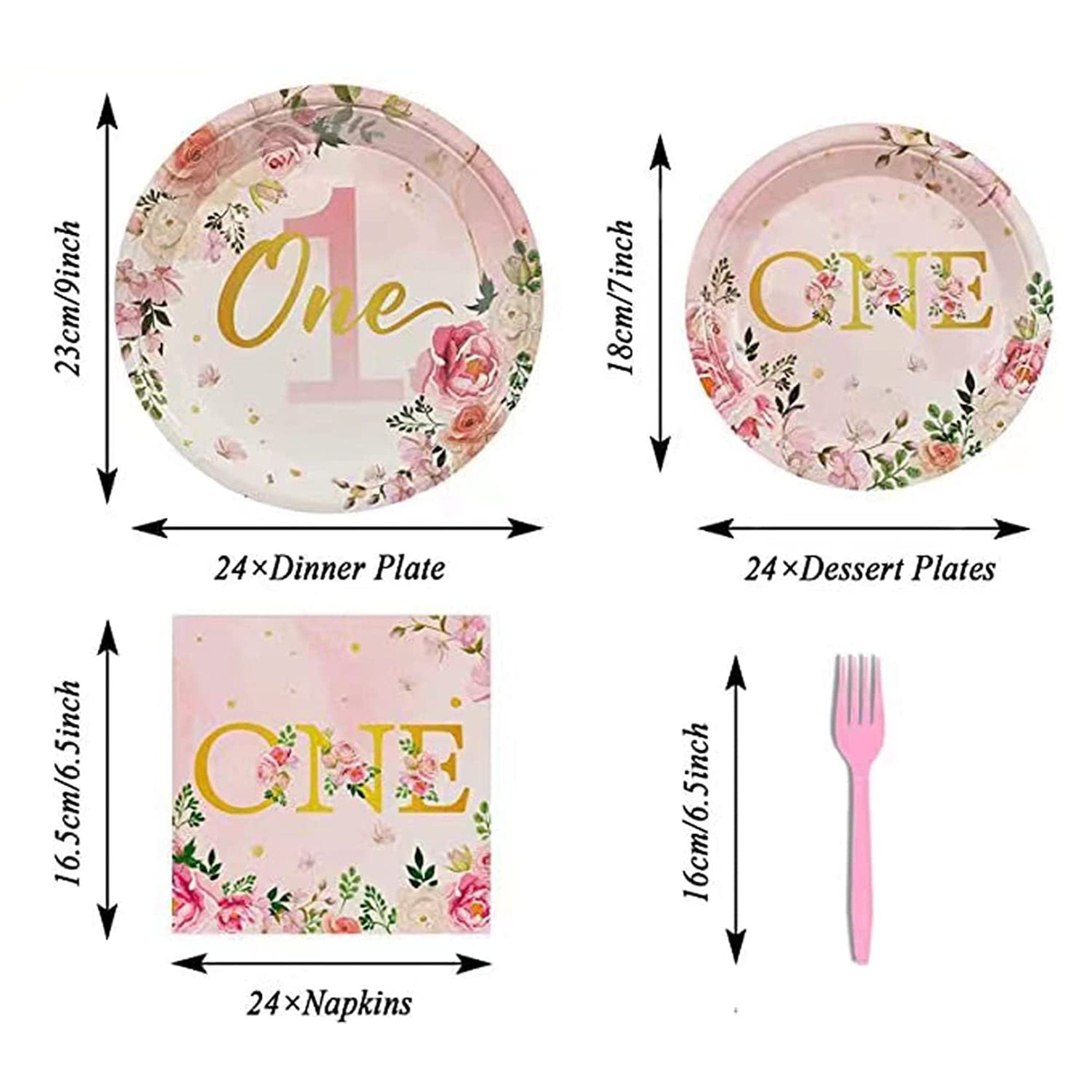 Pink and gold 1st birthday party favors displayed on decorated celebration table