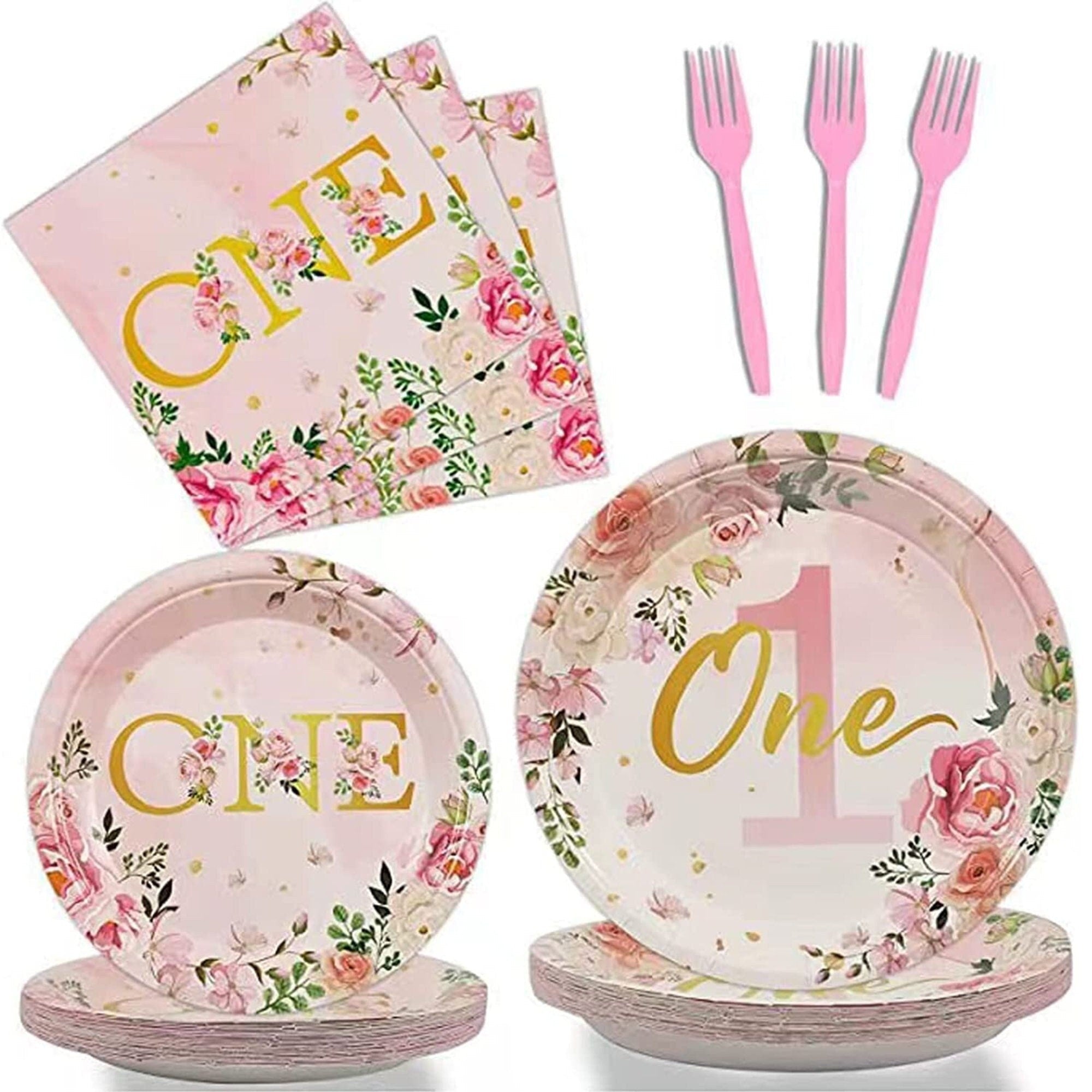 Pink and gold first birthday party plates with floral ONE design for baby girl celebration