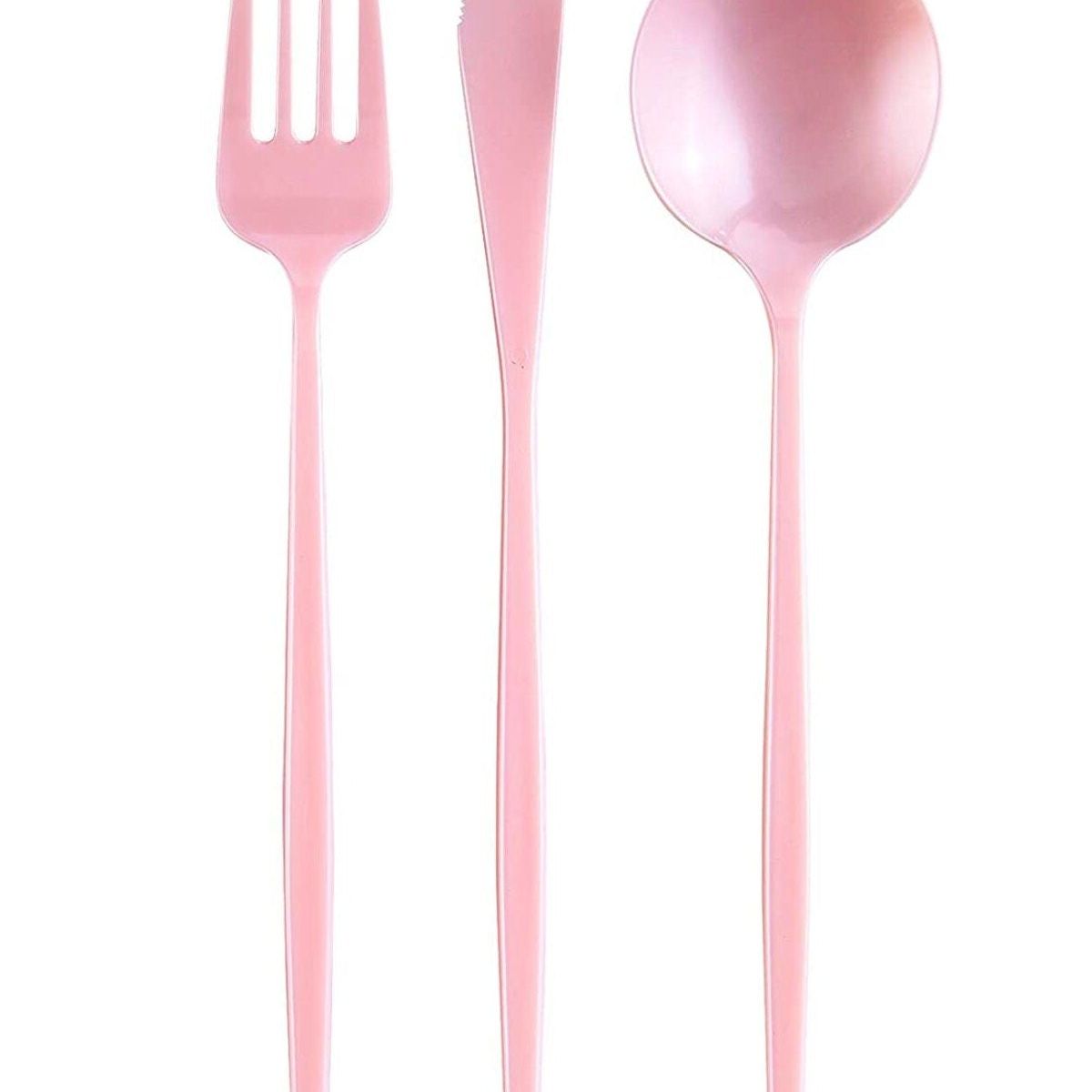 Pink plastic fork, knife, and spoon displayed together