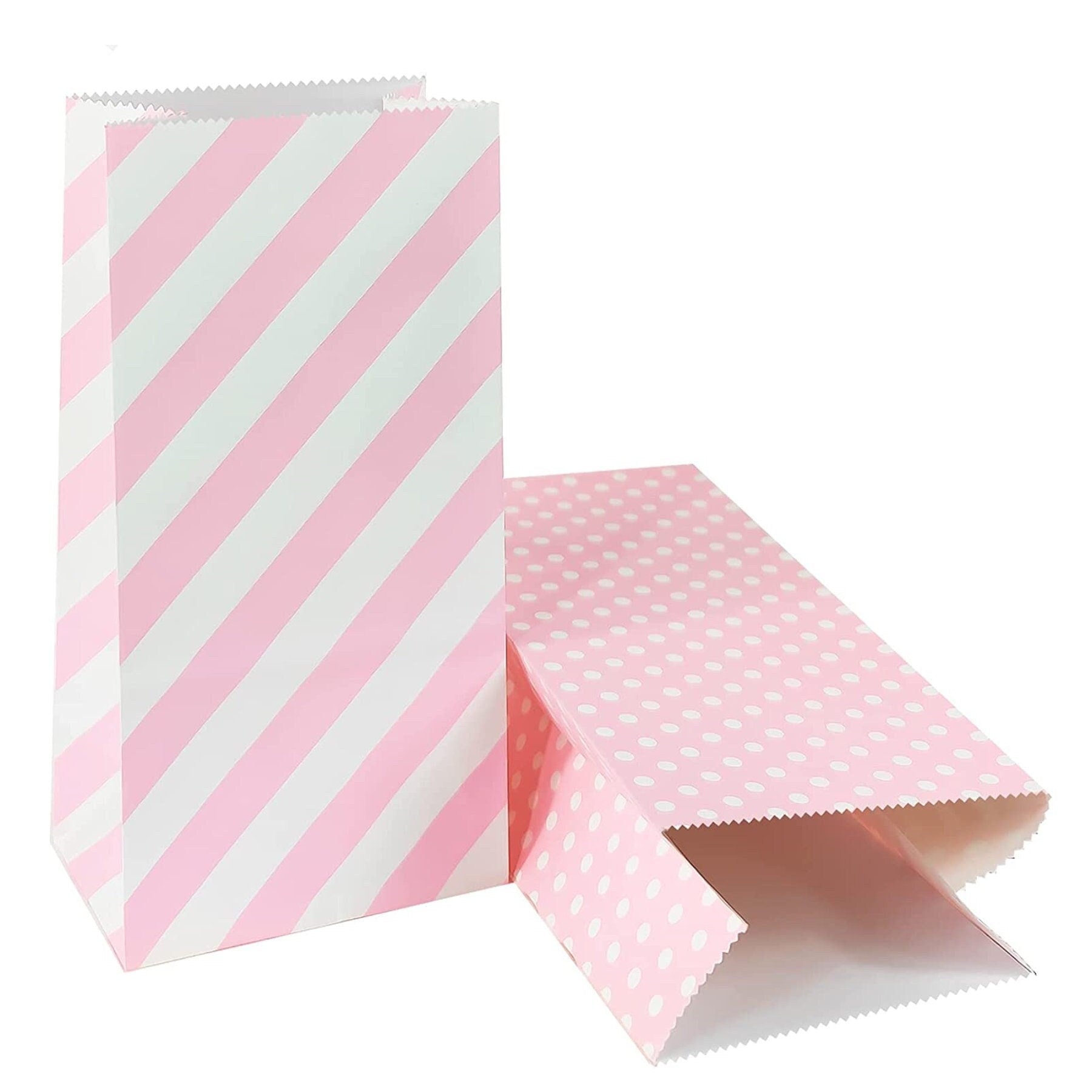 Pink striped paper treat bag standing with pink polka dot bag laying flat