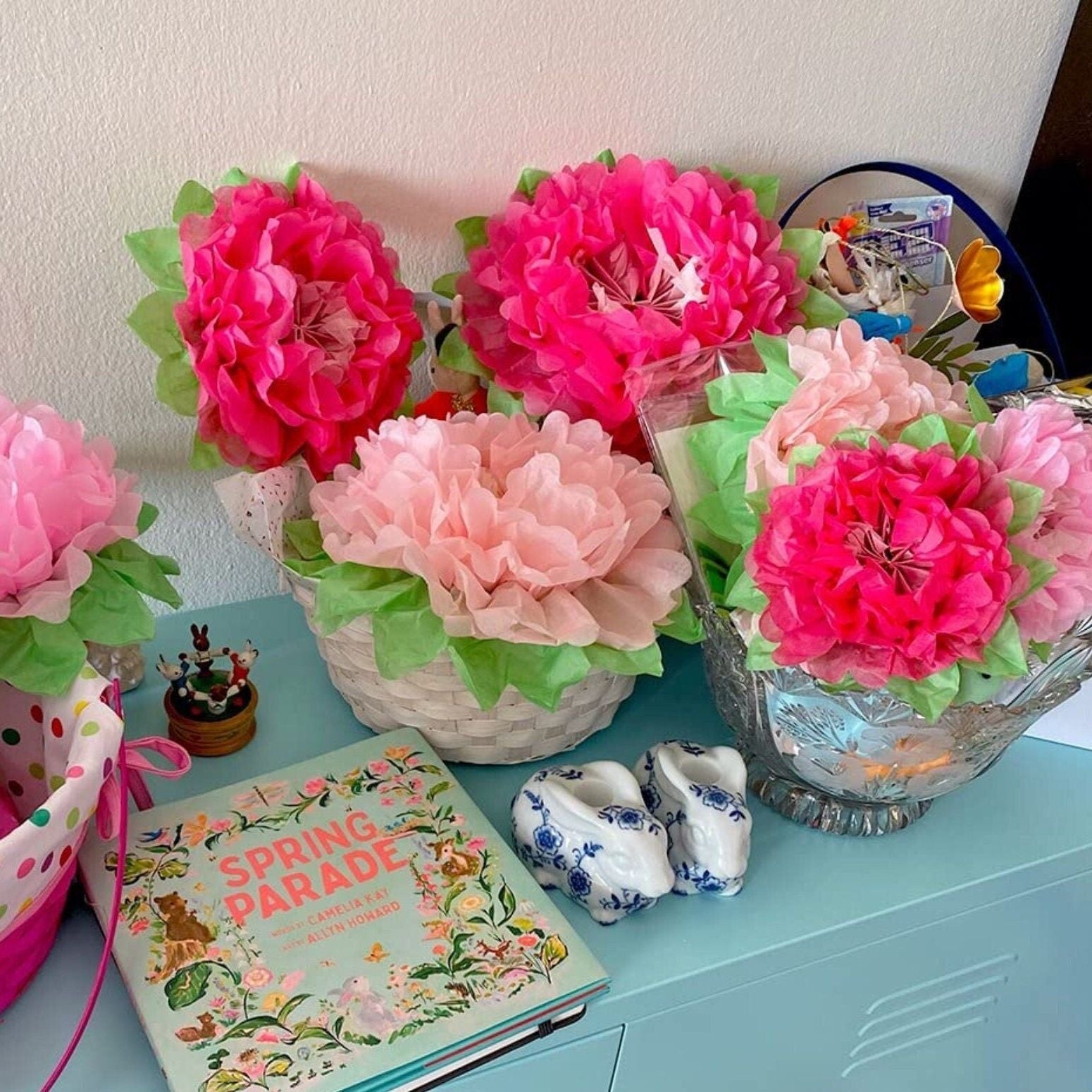 Pink tissue paper flower wall decor for baby showers and weddings
