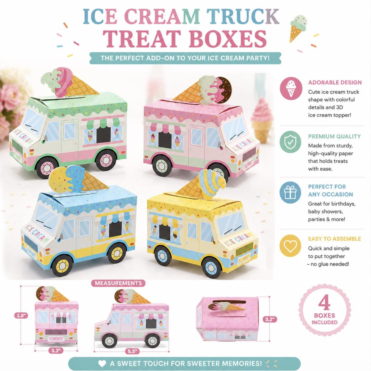 Set of 12 Ice Cream Party Favor Boxes – Pastel Ice Cream Truck, Goodie Boxes for Kids’ Birthday Parties - Pretty Party Boxx